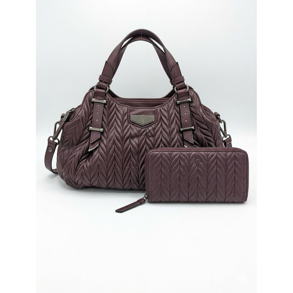 Simply Vera Wang Satchel Bag Burgundy Quilted Faux Leather Crossbody and Wallet